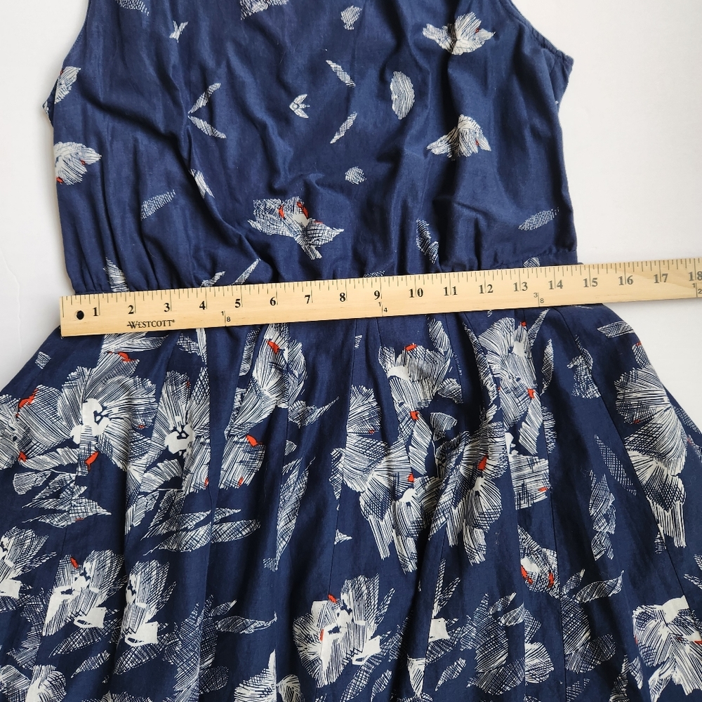 Lavand Navy Blue Dress White Orange Print Sleeveless Cutout Back Mini Medium - Picture 14 of 16